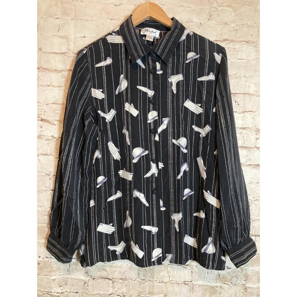 Vintage Misho Silk Top Womens‎ 16 Black Debutante Fashion Print Button Up Plus